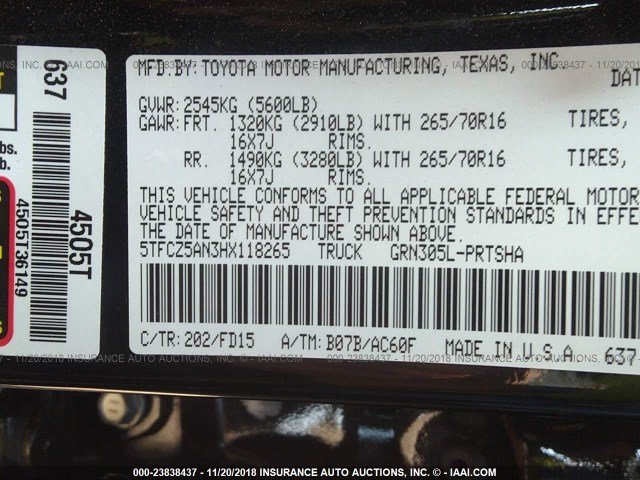 5TFCZ5AN3HX118265 - 2017 TOYOTA TACOMA DBL CAB/SR/TRDSPT/OR/PRO Qara foto 9