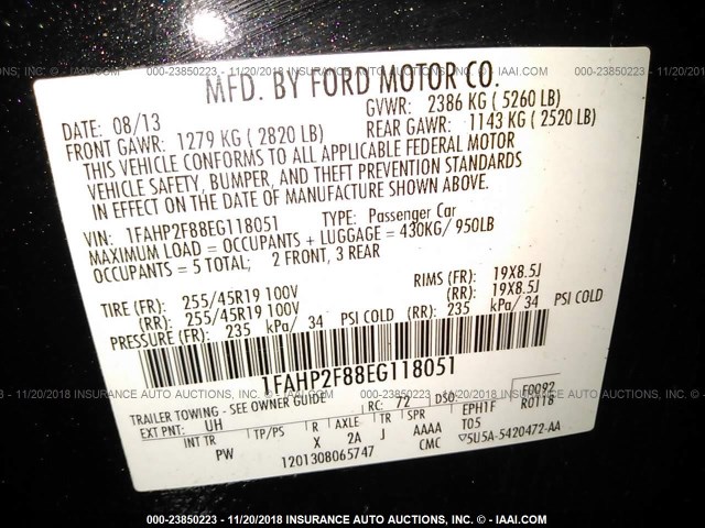 1FAHP2F88EG118051 - 2014 FORD TAURUS LIMITED BLACK photo 9