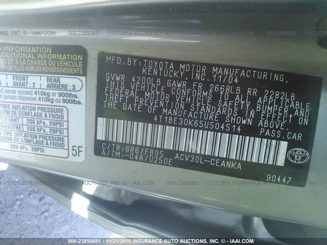4T1BE30K65U504514 - 2005 TOYOTA CAMRY LE/XLE/SE GRAY photo 9