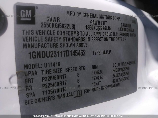 1GNDU23117D145452 - 2007 CHEVROLET UPLANDER LS 白色 照片 9