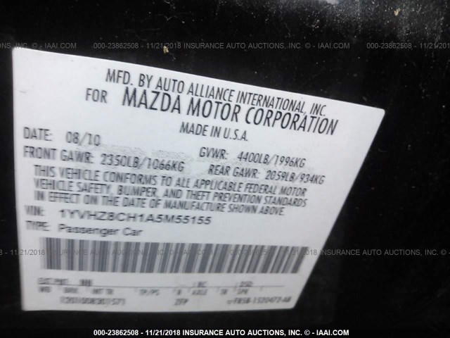 1YVHZ8CH1A5M55155 - 2010 MAZDA 6 I Noir photo 9