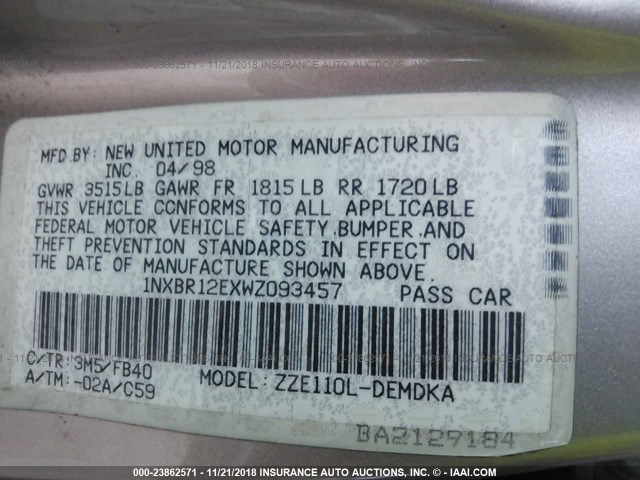 1NXBR12EXWZ093457 - 1998 TOYOTA COROLLA VE/CE/LE 棕色 照片 9