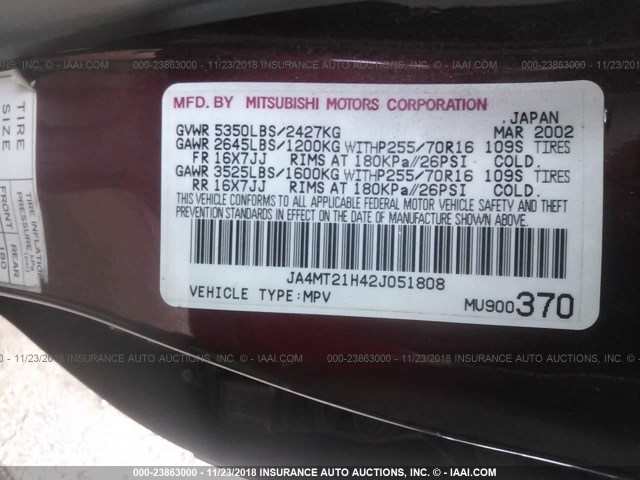 JA4MT21H42J051808 - 2002 MITSUBISHI MONTERO SPORT ES/SPORT LS MAROON photo 9