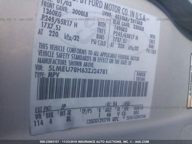 5LMEU78H63ZJ24781 - 2003 LINCOLN AVIATOR 银色 照片 9