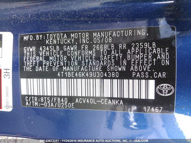 4T1BE46K49U304380 - 2009 TOYOTA CAMRY SE/LE/XLE ლურჯი ფოტო 9