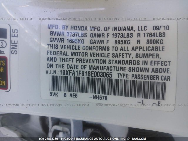 19XFA1F91BE003065 - 2011 HONDA CIVIC EXL WHITE photo 9