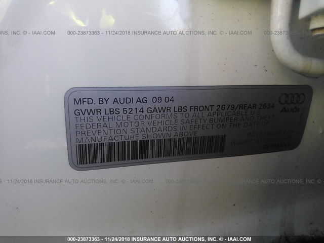 WAUDT74F15N050445 - 2005 AUDI A6 3.2 QUATTRO WHITE photo 9